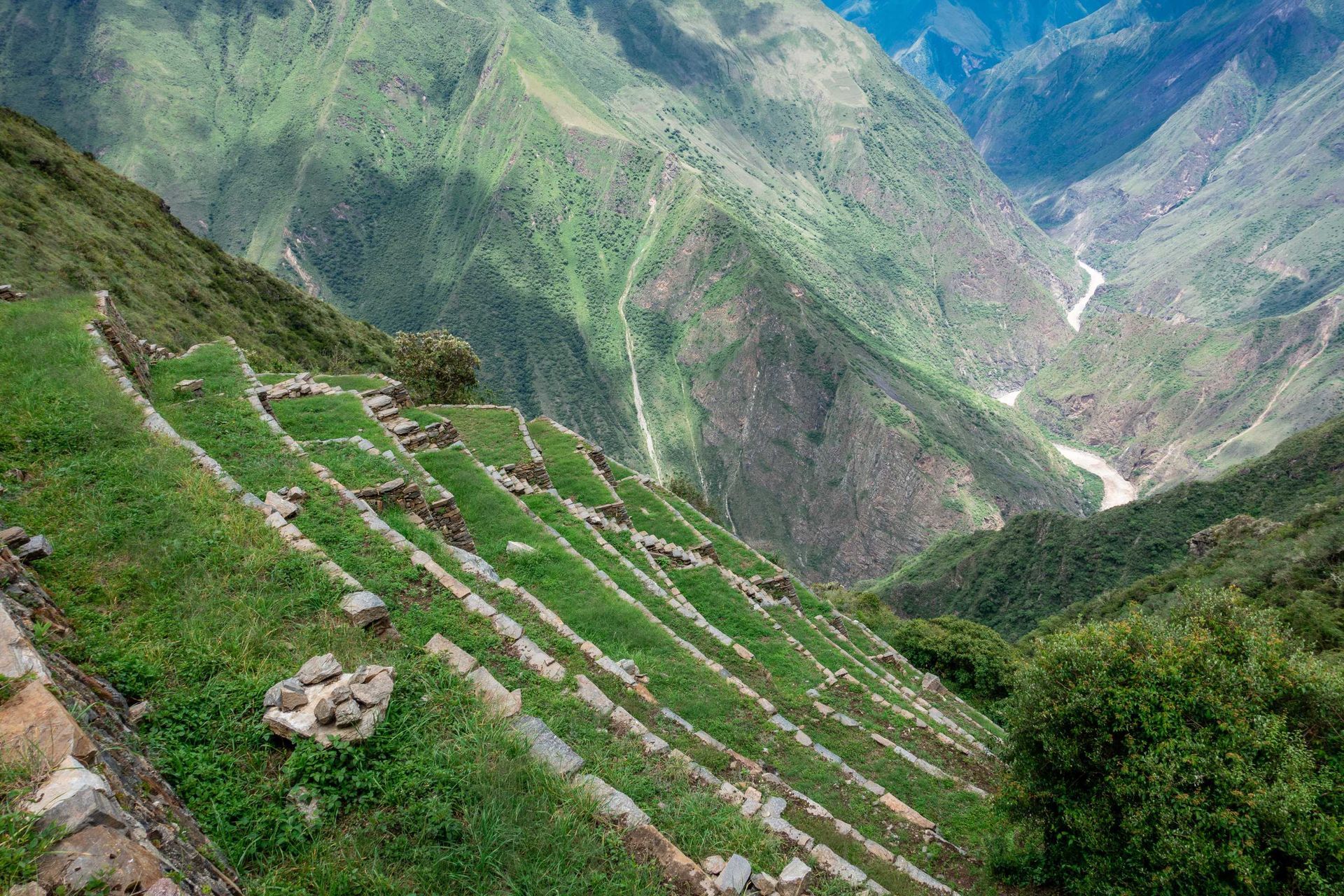 old stone, steep mountain descent, choquequirao, andes mountains peru