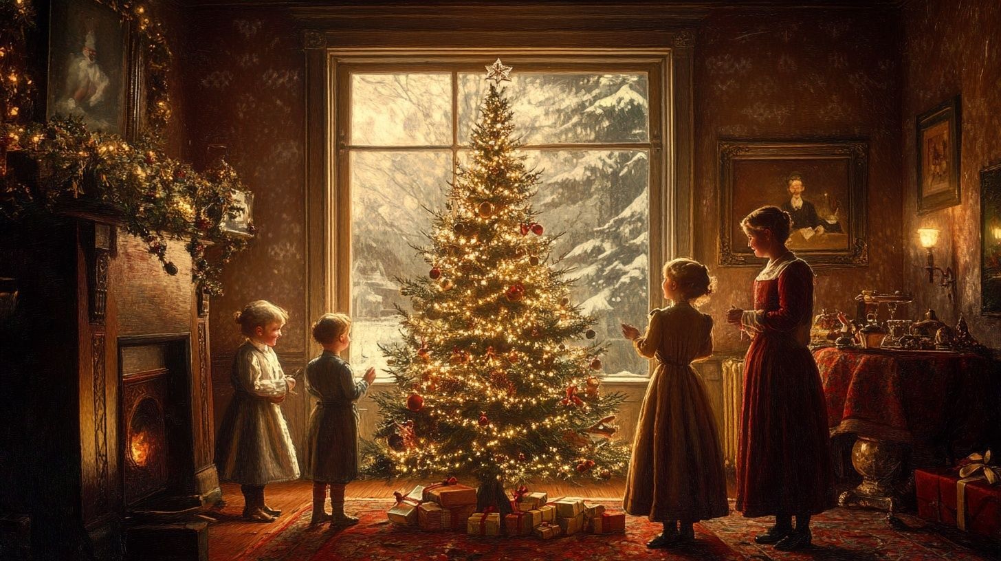 family gathers round vintage Christmas tree lit up, snow on tree outside