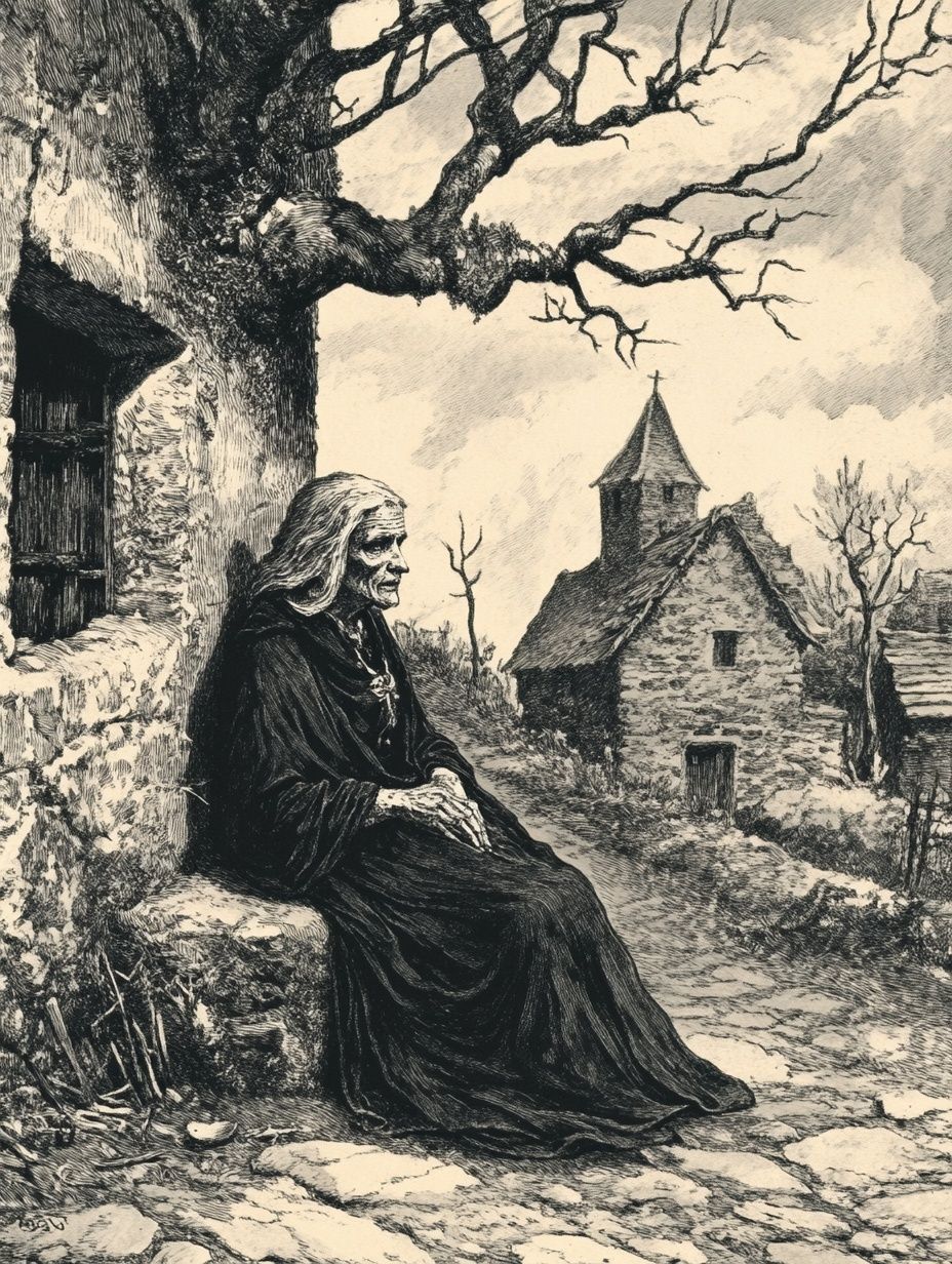 old woman sits isolated on the edge of village