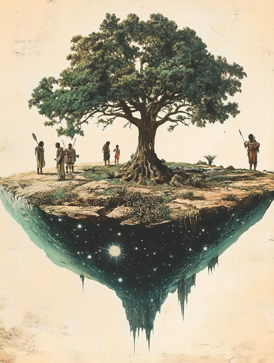 floating island with large tree in centre, people stand around