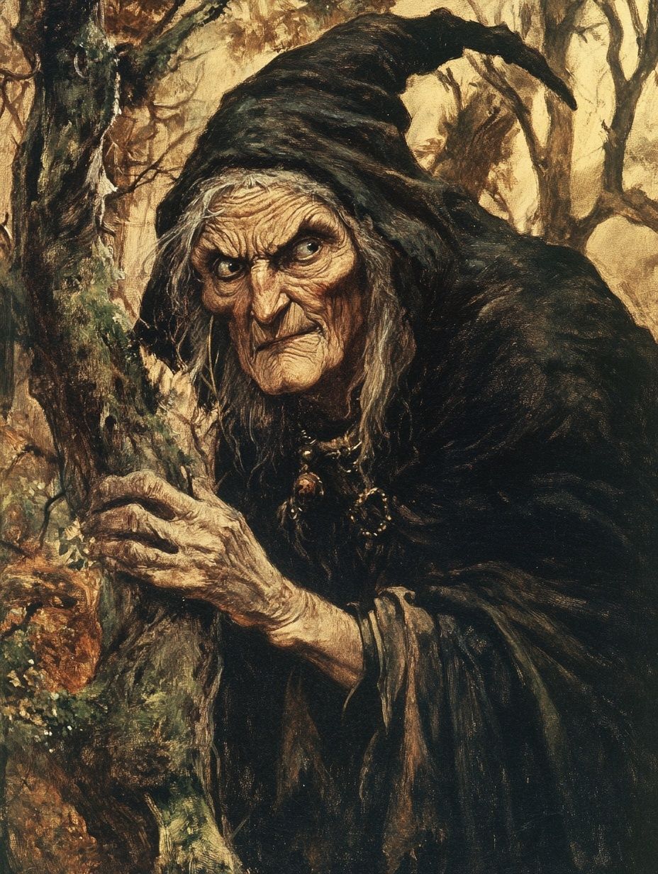 haggard old woman black cloak, clutching a tree