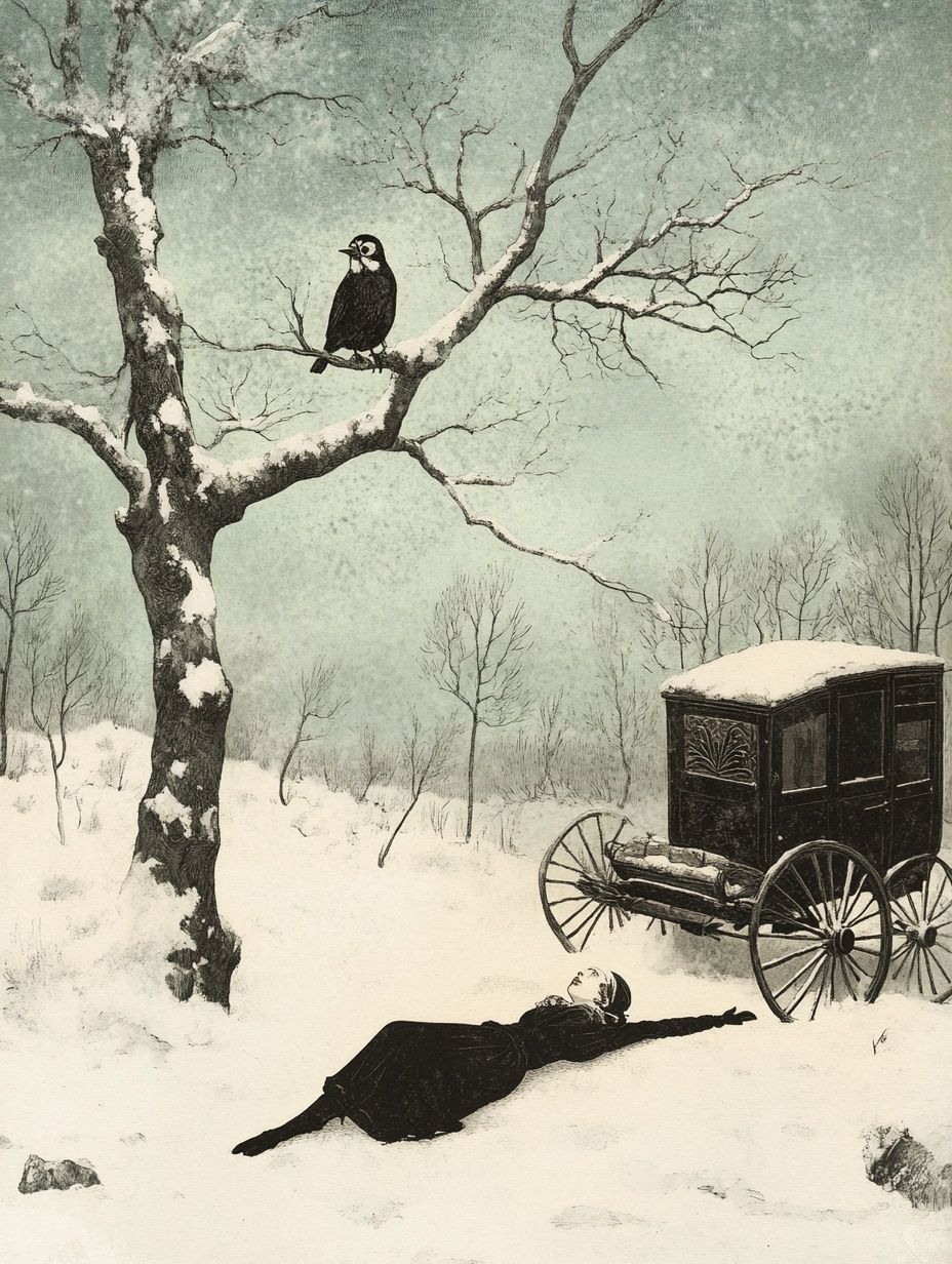 bird in tree, woman lies on snowy ground, carriage