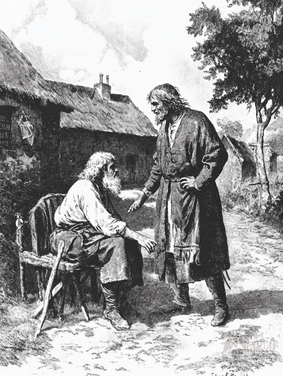 two men converse, one sitting in a wooden chair, outside old British houses, vintage