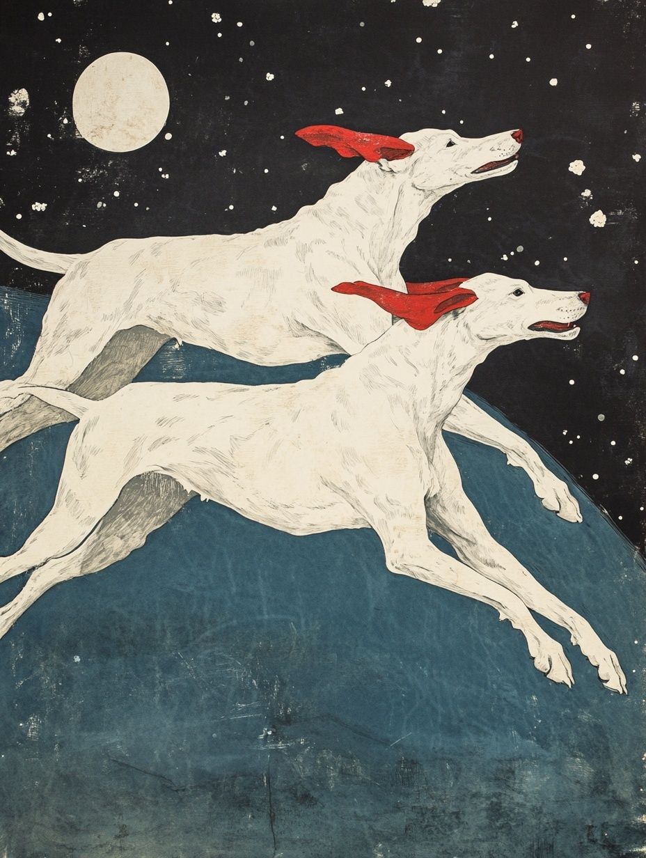 white dogs red ears flying through the night