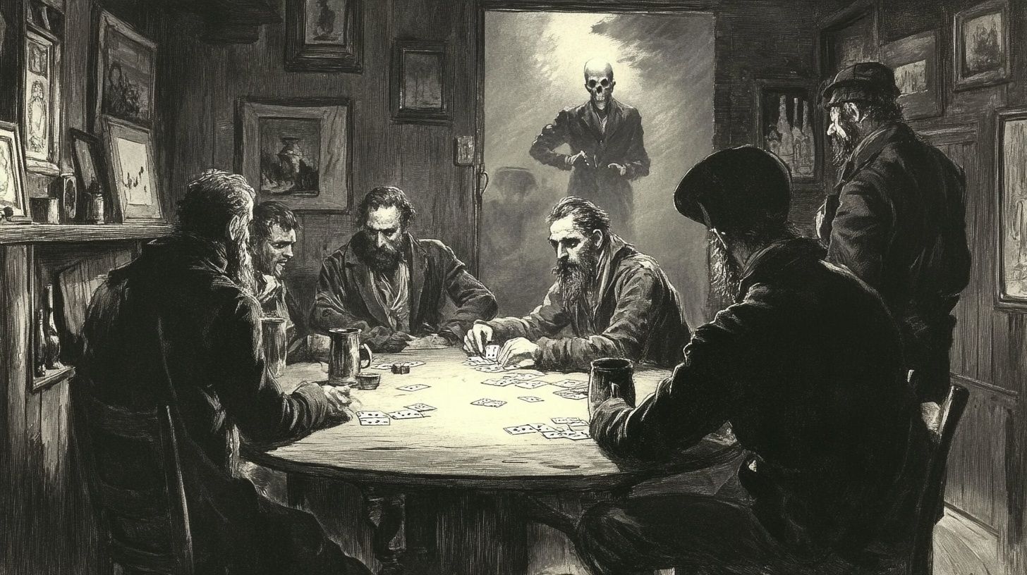 men play cards in tavern, skeletal figure hovering behind them