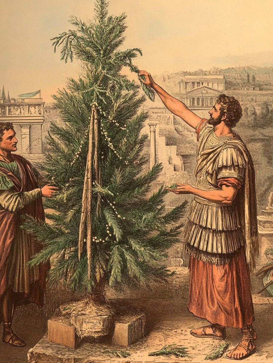 roman men decorate a fir tree ancient rome