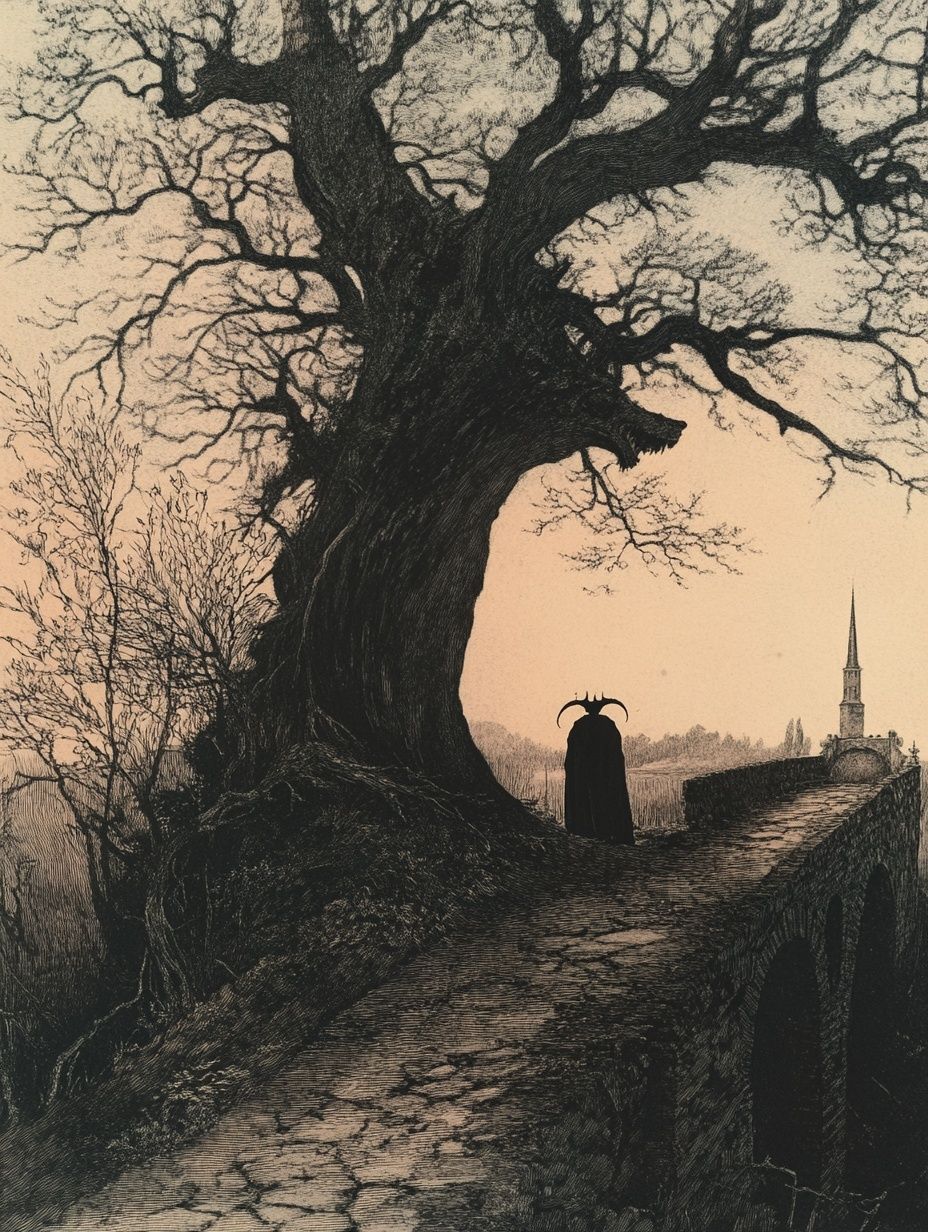 the devil stands under an old tree by a stone bridge, a spire is seen in the distance