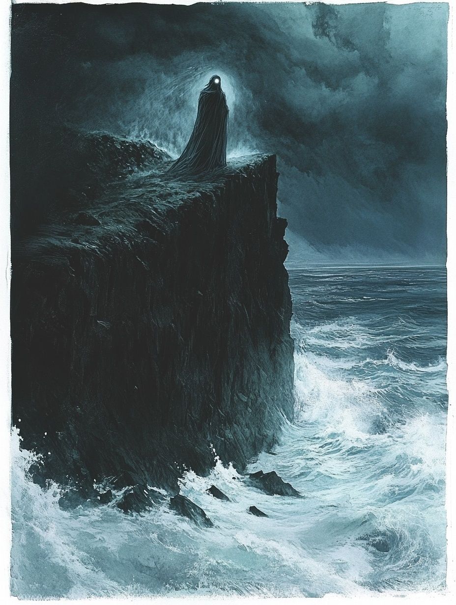 figure shrouded in black on cliff top, waves crash below, moonlight