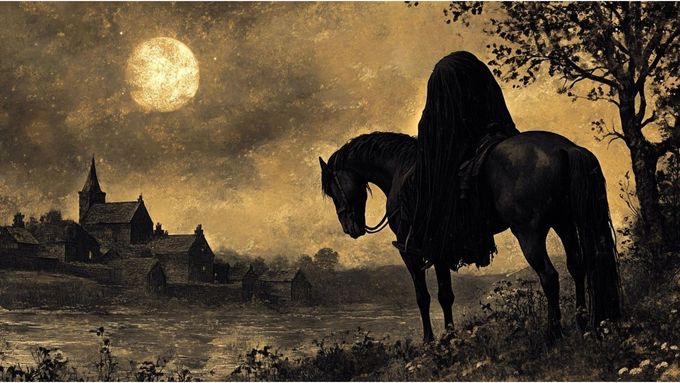 headless cloaked rider on a black horse, moonlit night