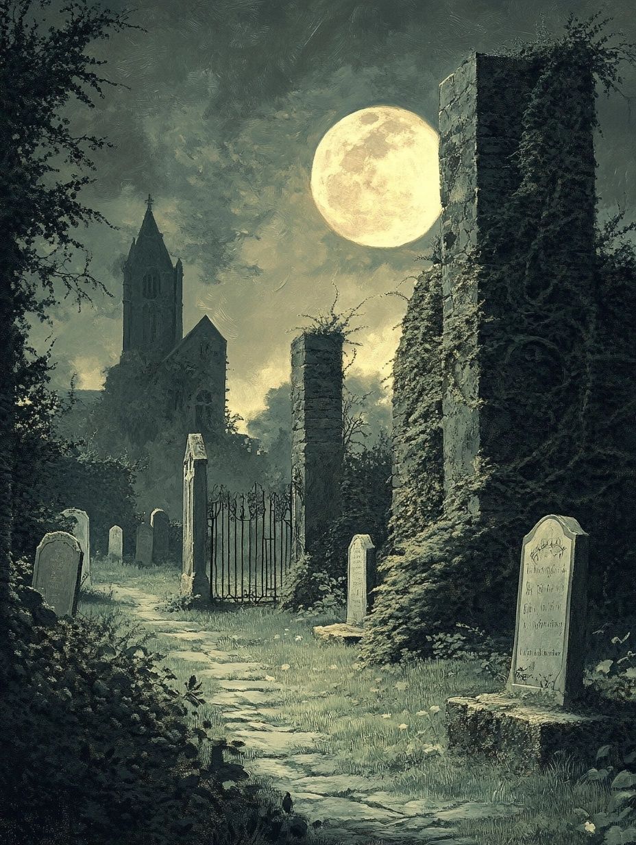an old church and graveyard under moonlight
