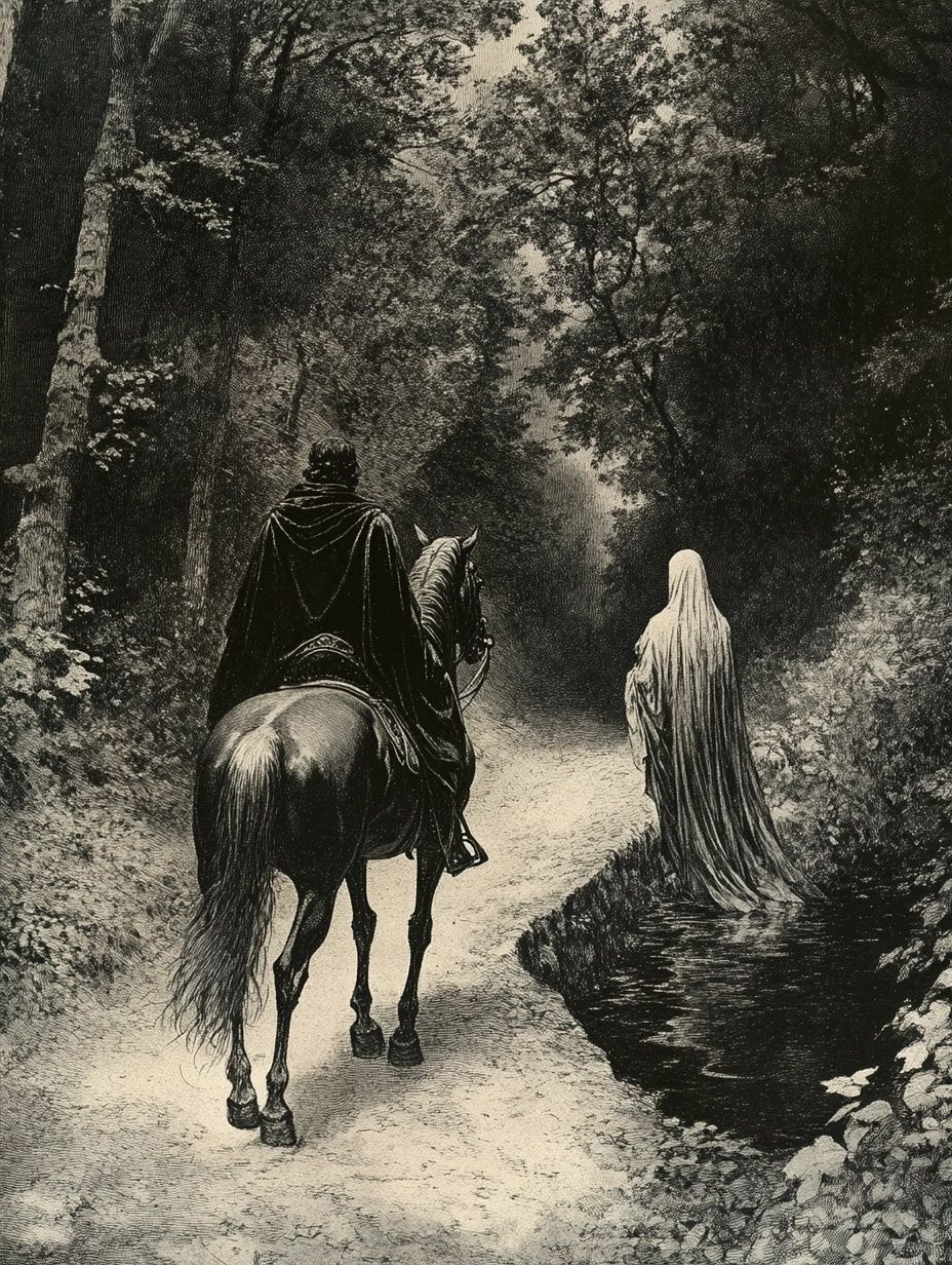 a cloaked figure on a horse on a moonlit path, another cloaked figure stands ahead