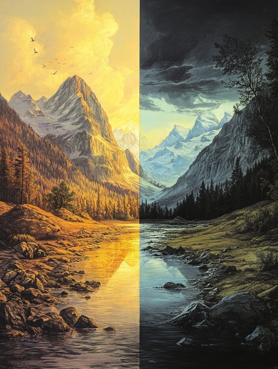 mountainous landscape, hard sunny and bright, half dark and grey