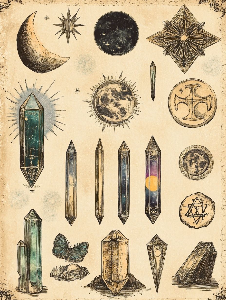 series of crystals and moon planet symbols