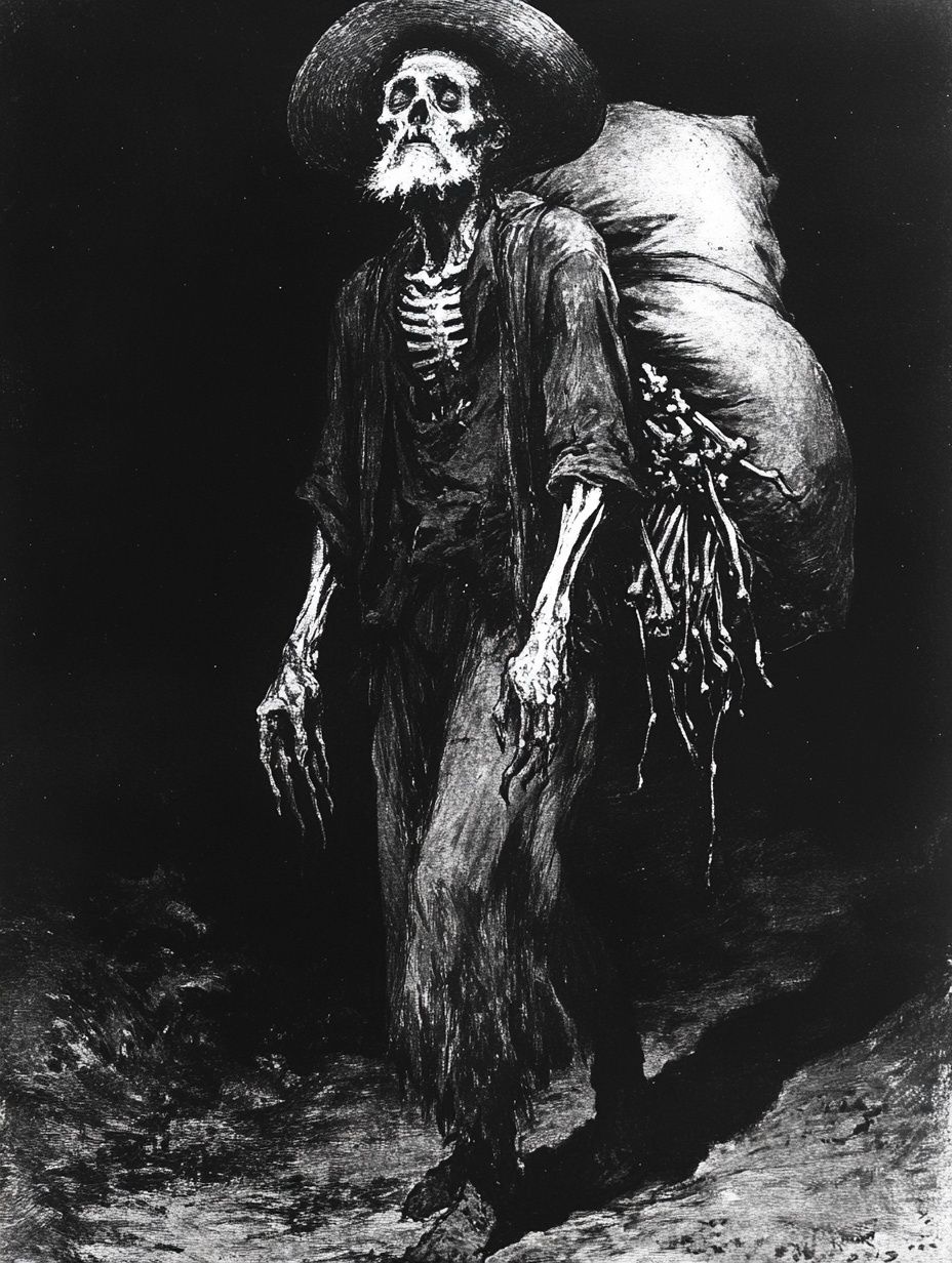 emaciated skeletal figure carrying bag of bones