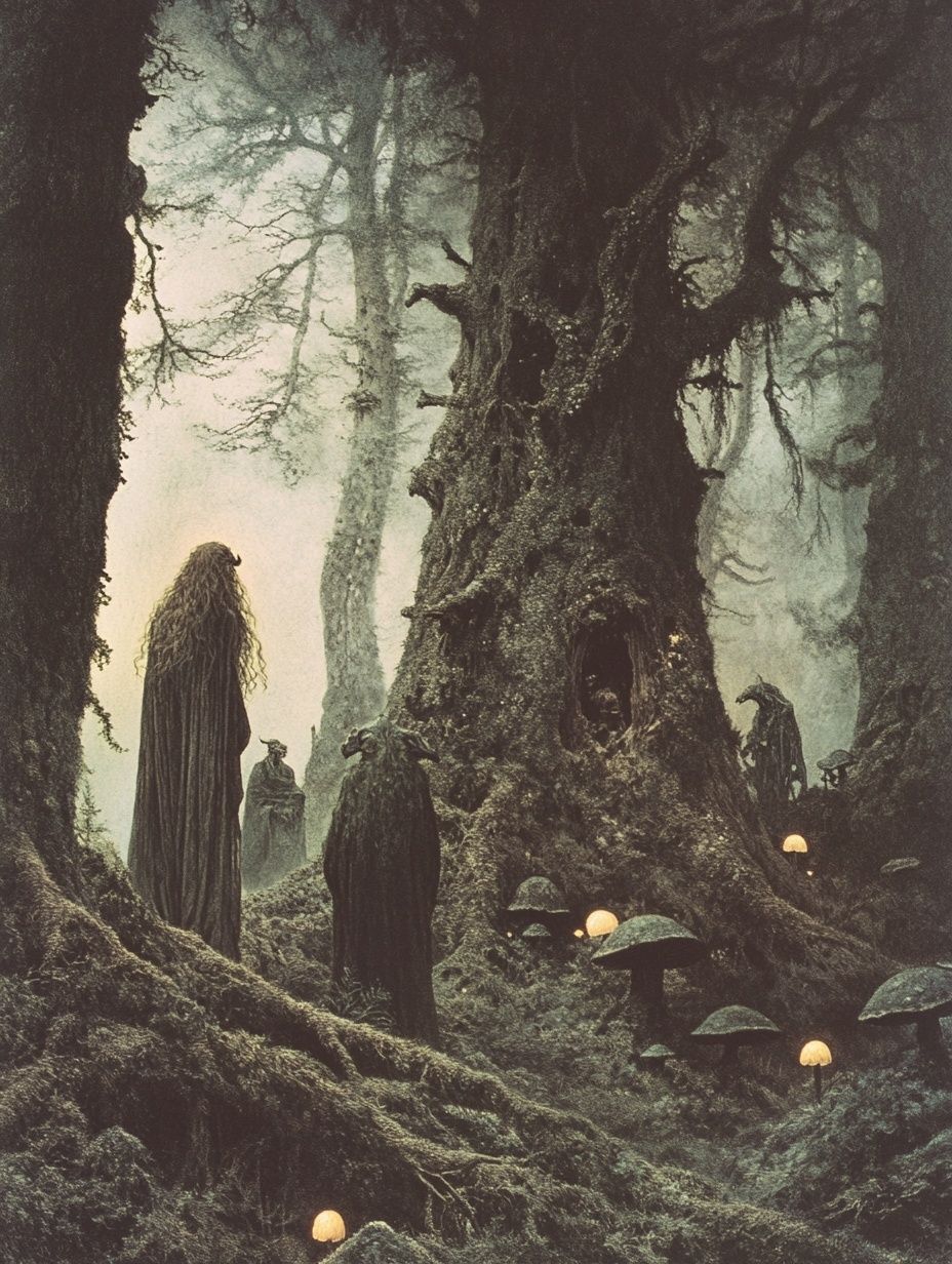 a mystical forest scene, fae folk, mushrooms, gnarled tree