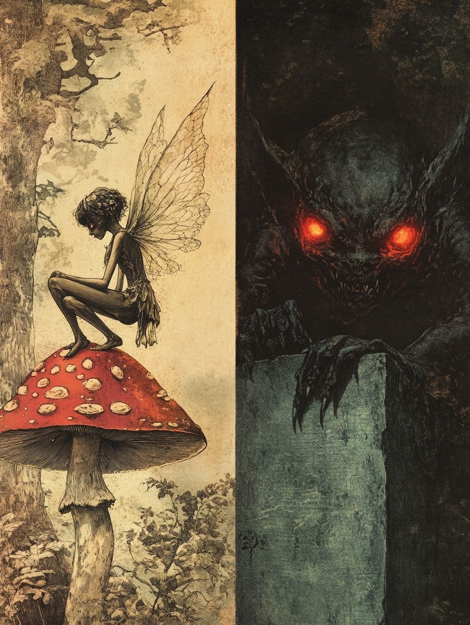 A comparison, left side a tiny, delicate winged human-like figure sitting on a mushroom, right side a grotesque, shapeless creature with glowing red eyes lurking in thick shadows, vintage illustration.