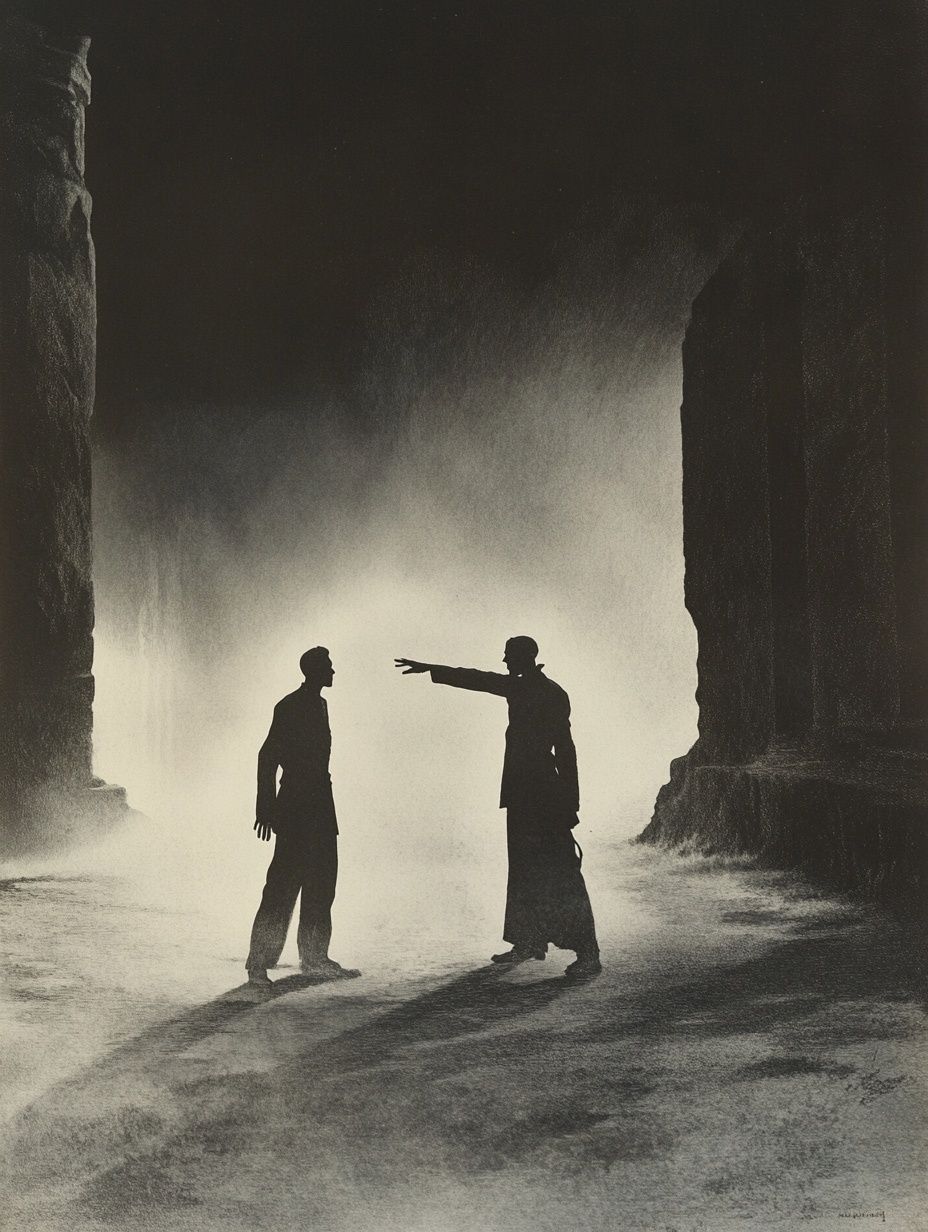 Two distinct figures, standing on a misty crossroads at night, ancient stone monument in background, vintage illustration.