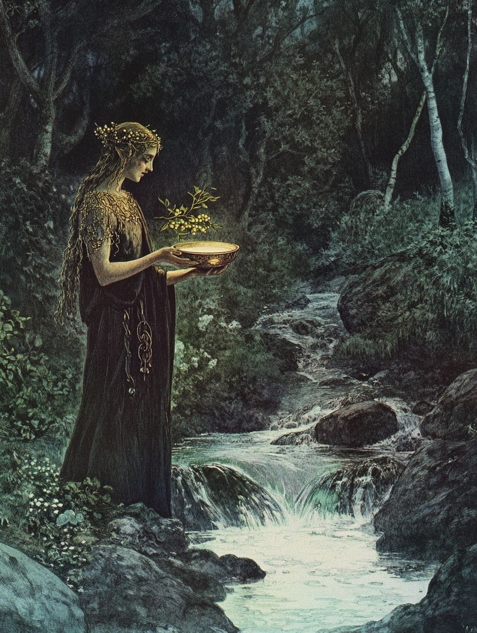 a woman offering a bowl of milk to a hidden creature, standing near a bubbling stream, twilight, vintage illustration.