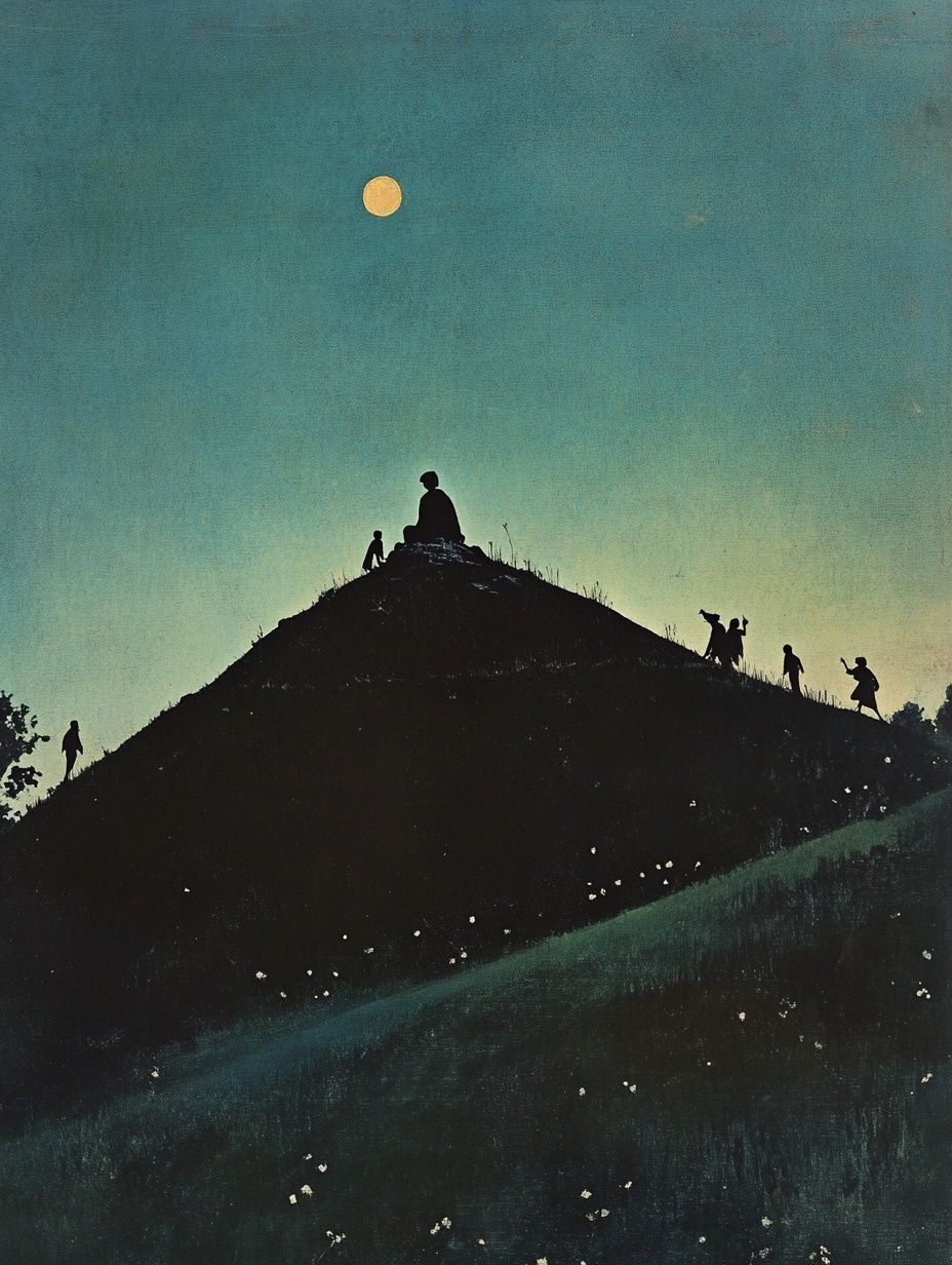 ancient mound hill at dusk, small figures climbing it