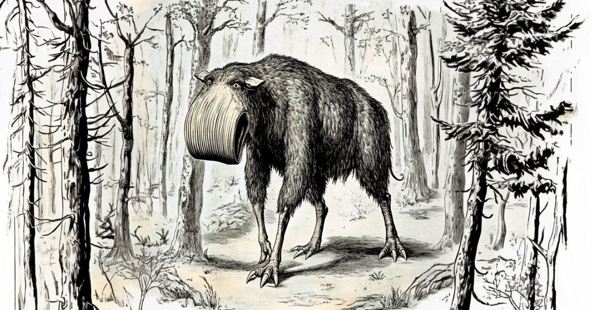 tall tale weird moose-like mythical animals in a forest scene