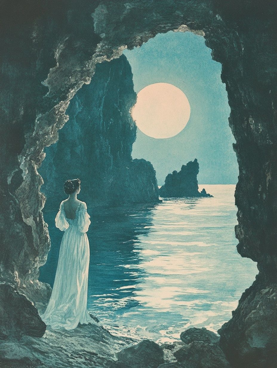 ethereal woman stands at the edge of a cave by the sea, under moonlight