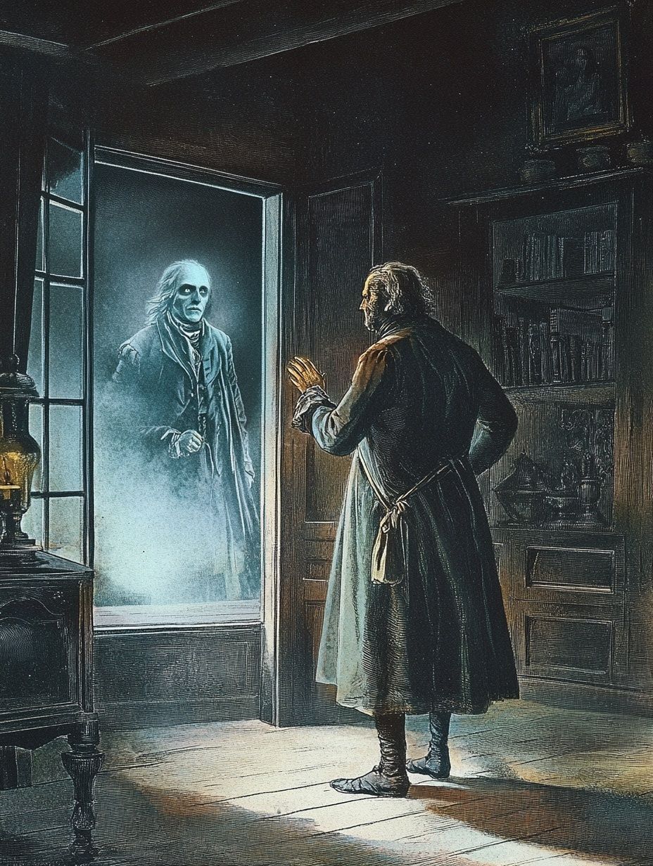 man looks at a ghostly double of himself, vintage