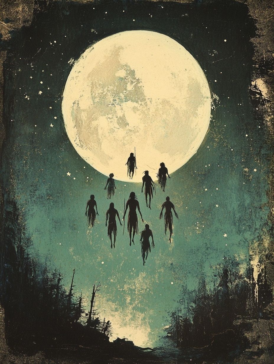 silhouettes float up towards full moon