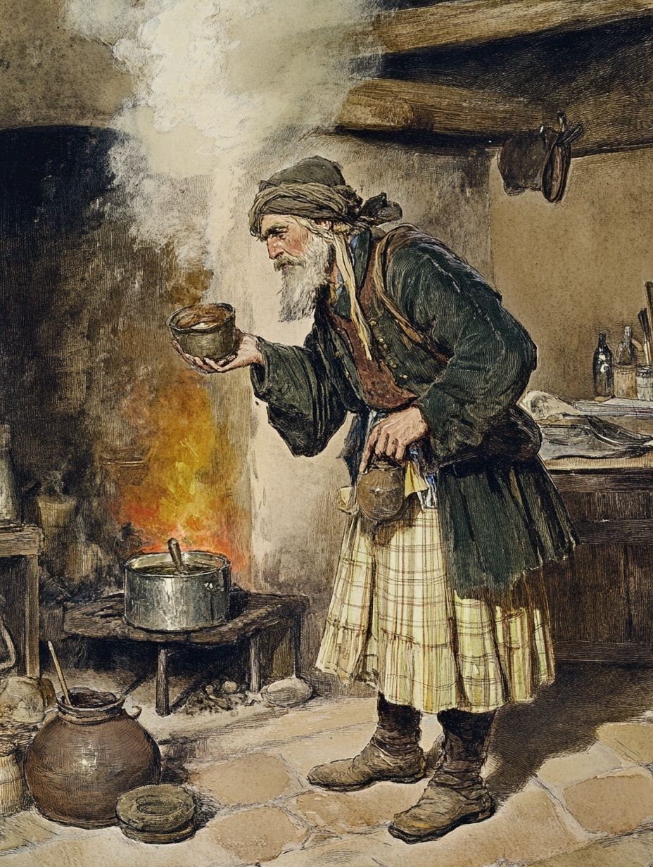 old Scottish folk healer by a fire