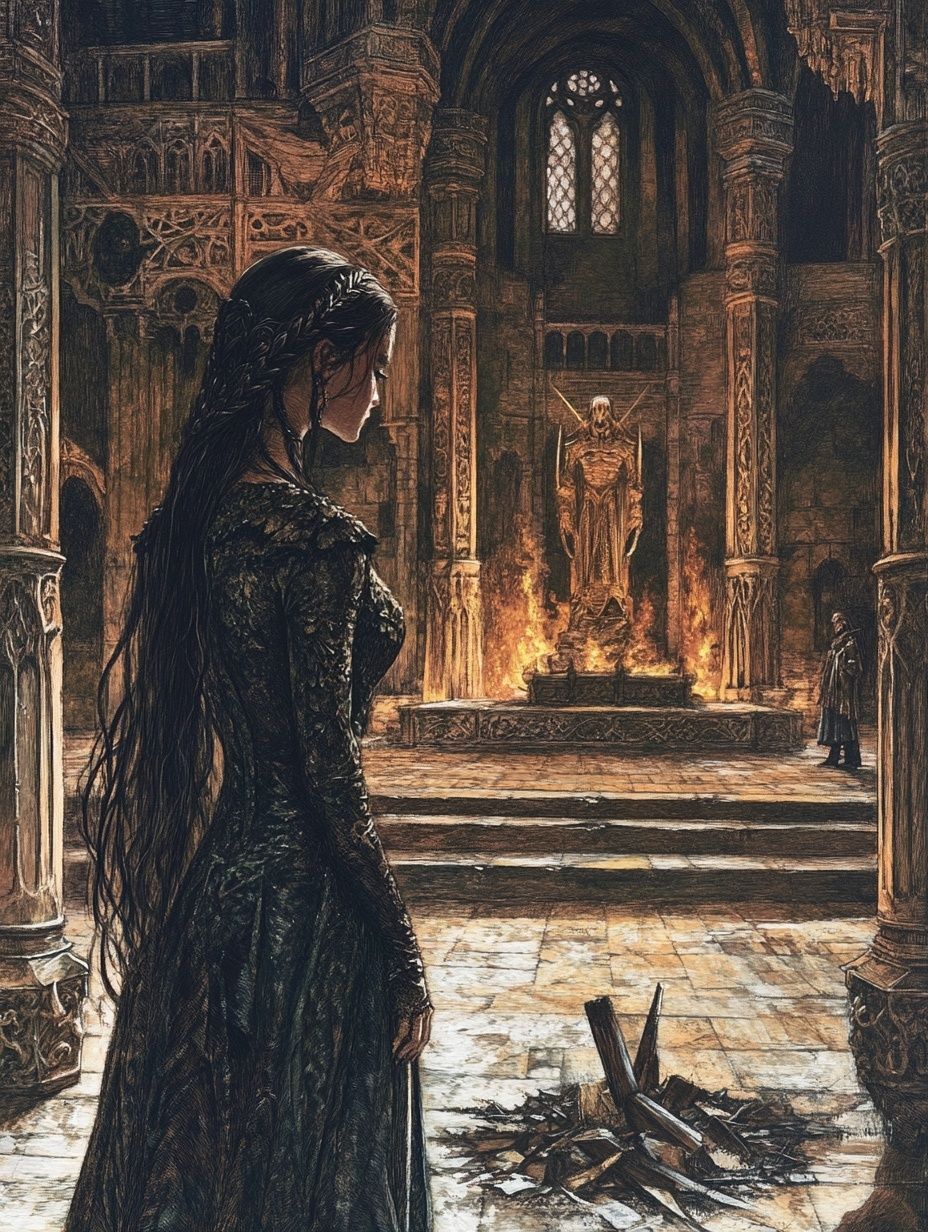 queen long dark braided hair, fiery hall with statues