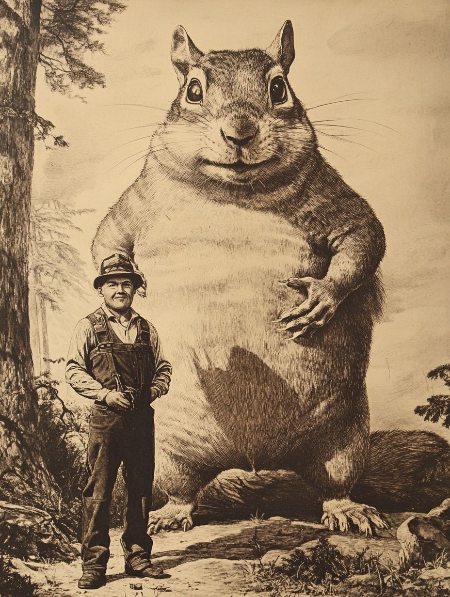 giant chipmunk stands over a lumberjack