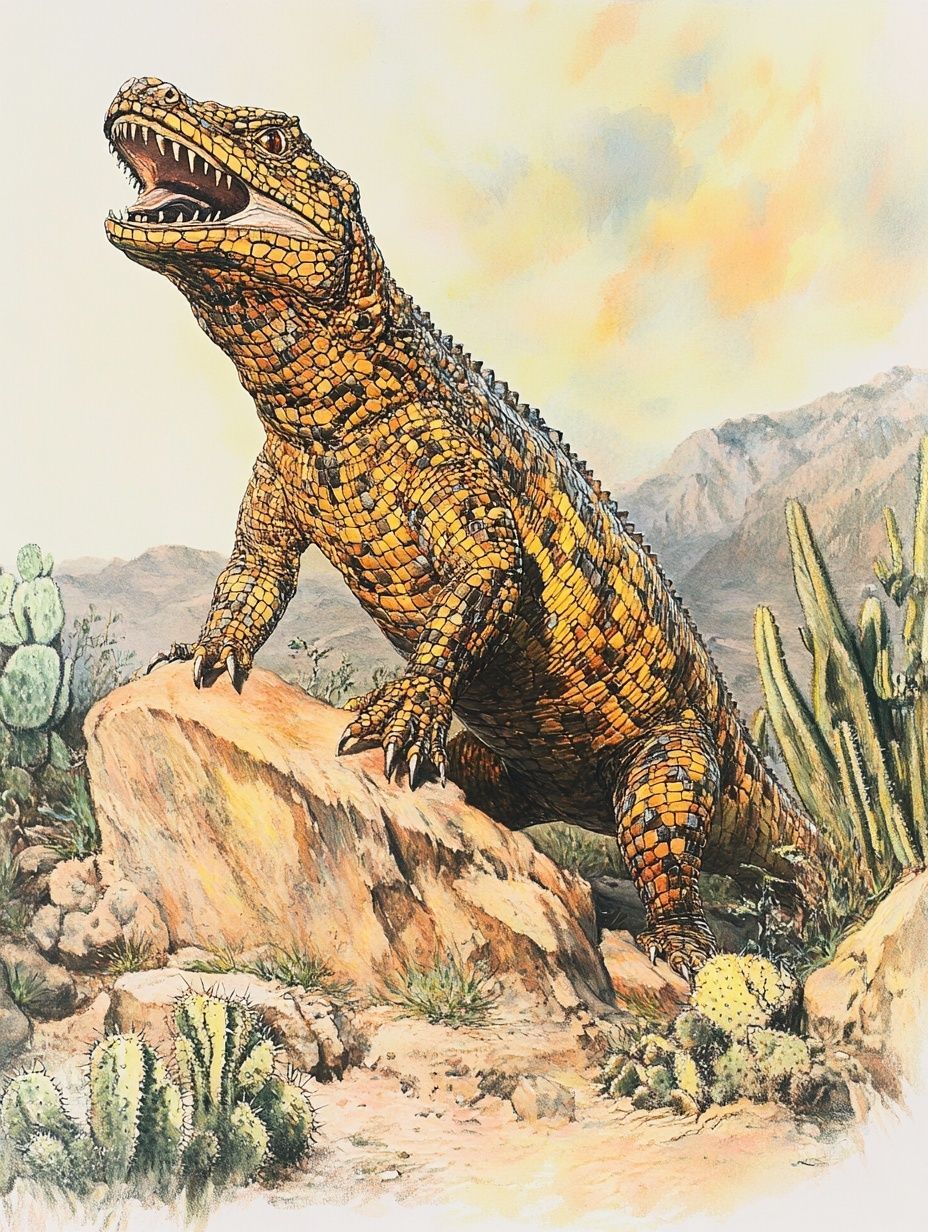 giant lizard on rock in desert