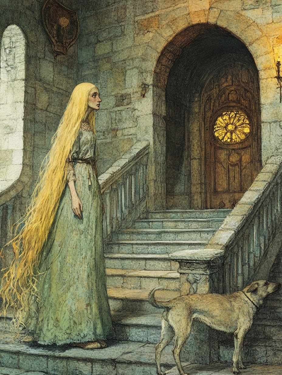 grey woman long blonde hair, long green dress, dog, inside Scottish castle