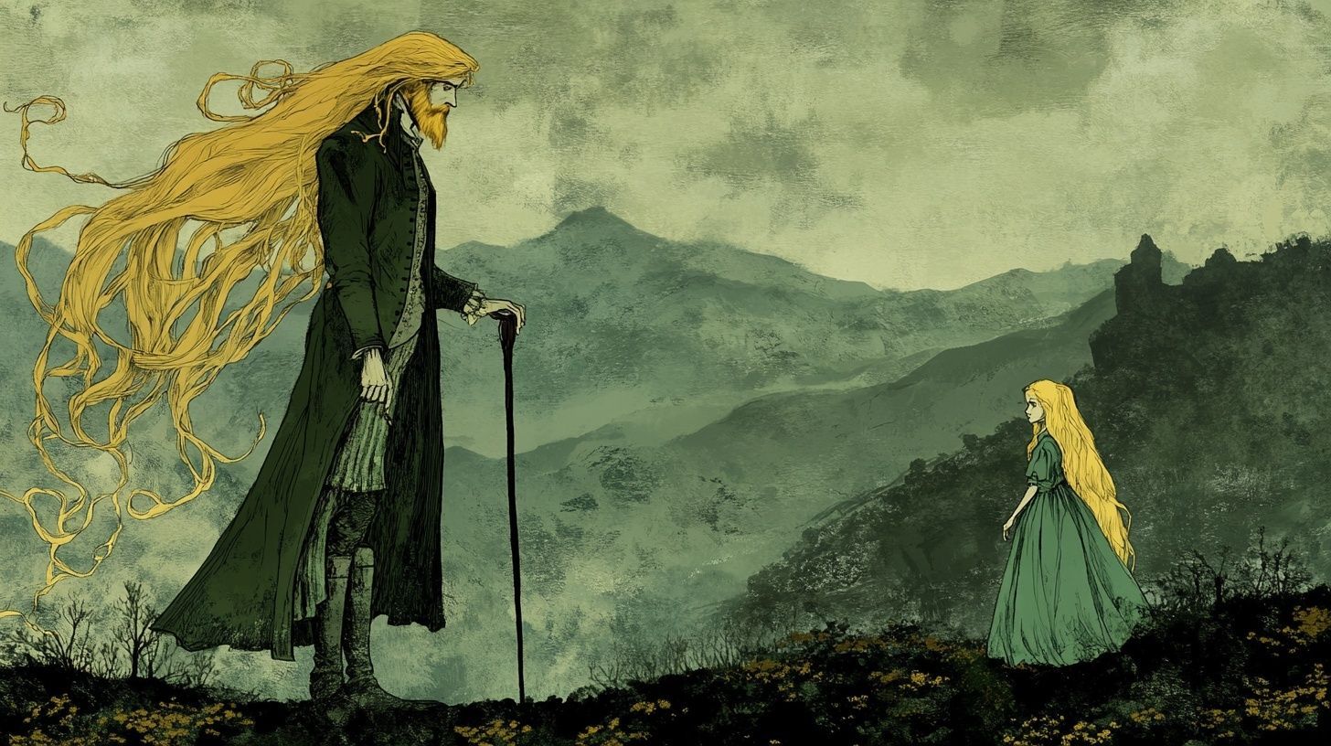 tall man with cane long blonde hair, shorter woman longe blonde hair, staring in Scottish highlands