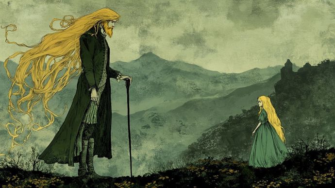 tall blonde man, short blonde woman, Scottish highlands