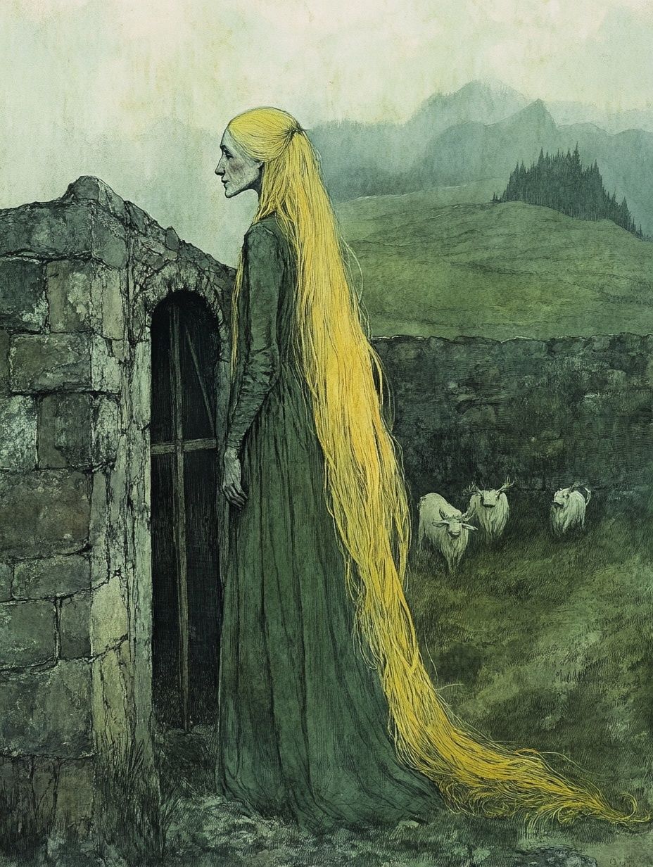 woman with grey skin and blonde hair to her feet, wearing long green dress, in Scottish countryside