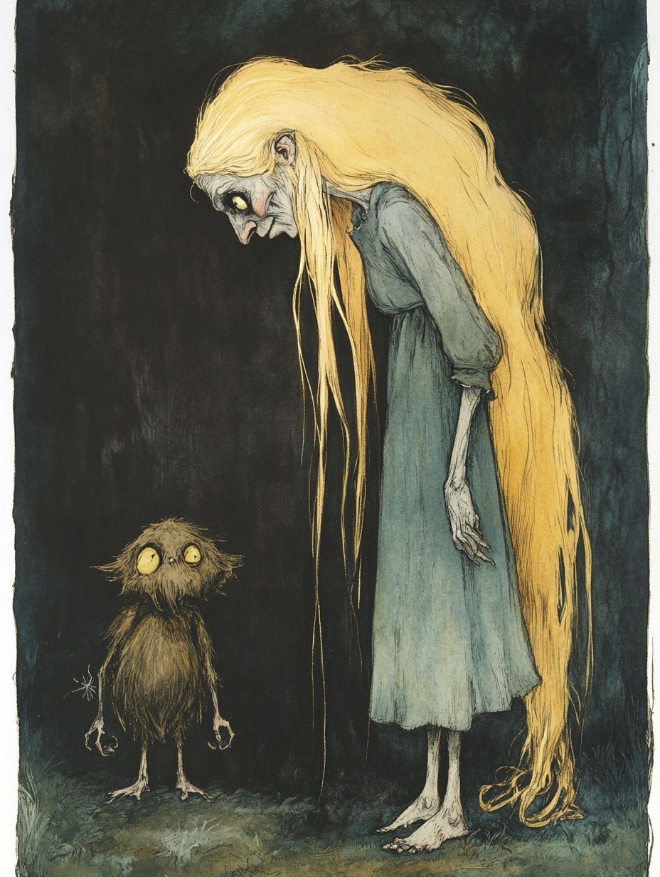 grey skinned woman long blonde hair stands over a small hairy creature