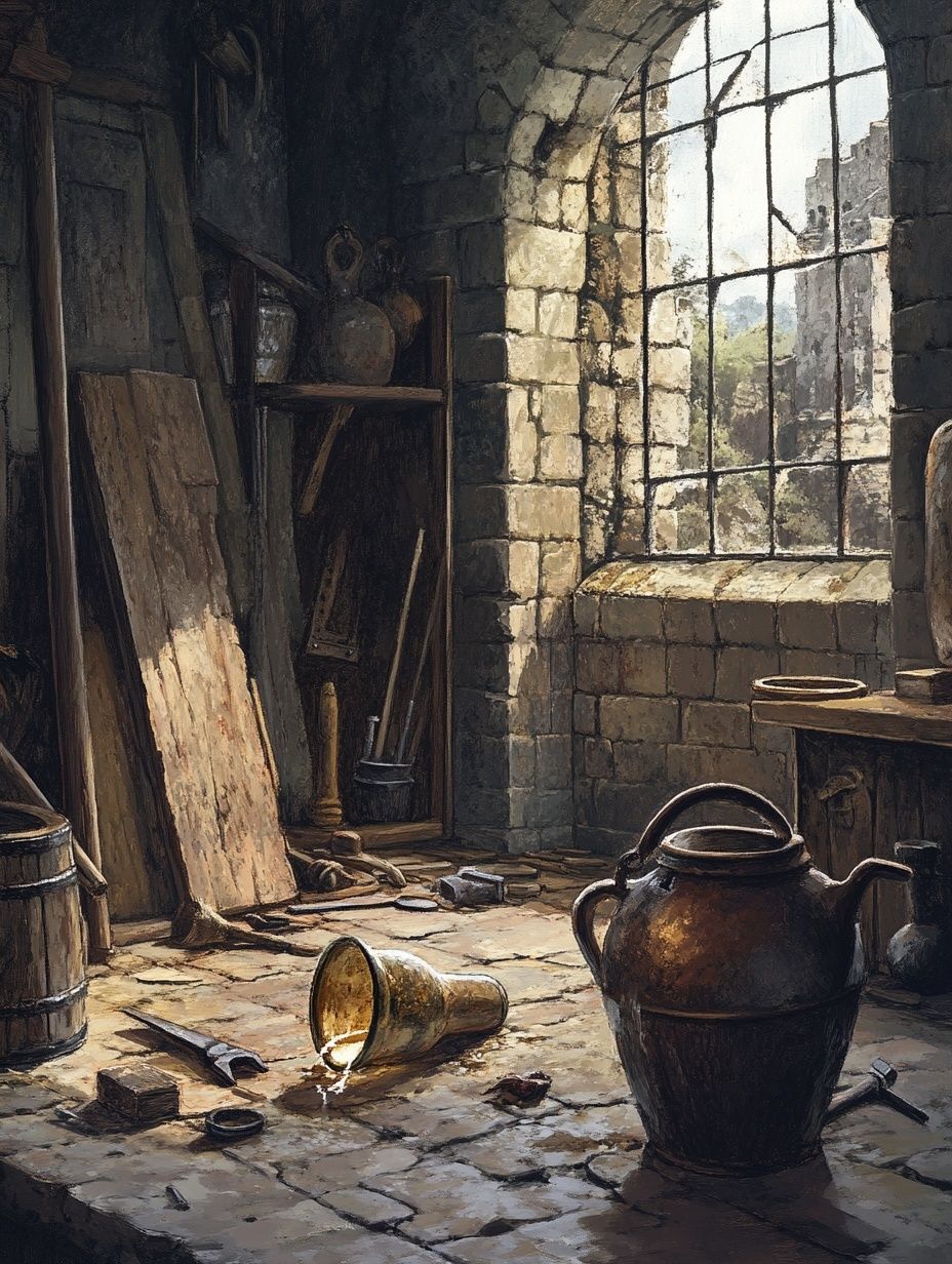 a spilt water jug, series of broken scattered tools in an old castle