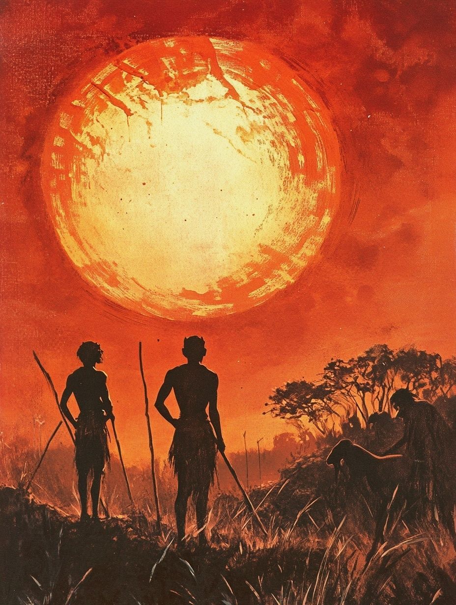 African bushmen in front of a burning sun and fiery sky