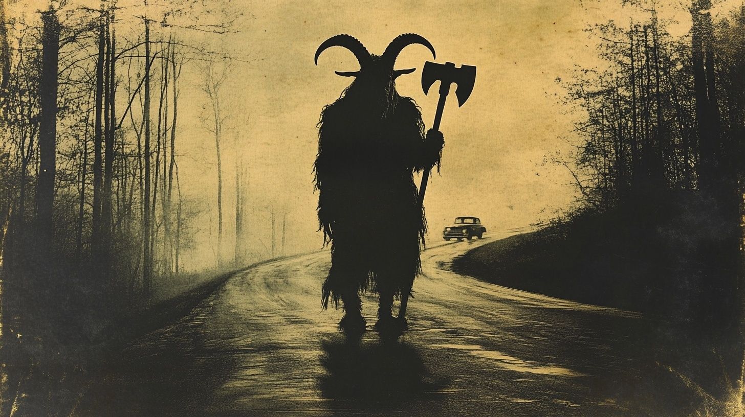 shadowy goat figure holding axe standing on a road, car approaching