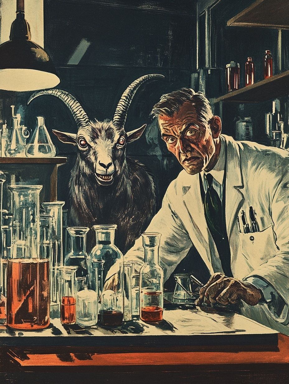 mad scientist and goat in lab