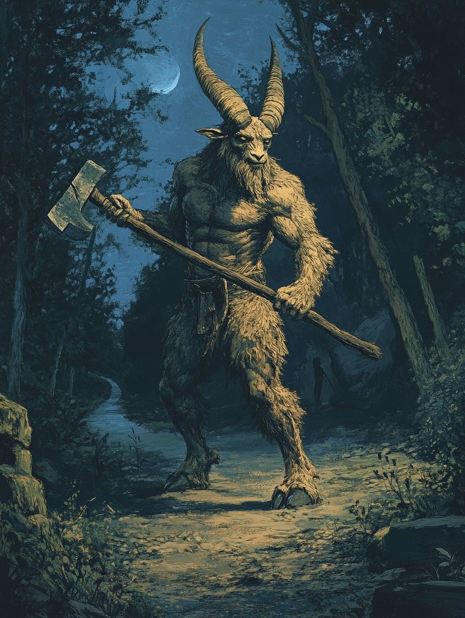 half man, half goat figure, holding an axe, moonlit night