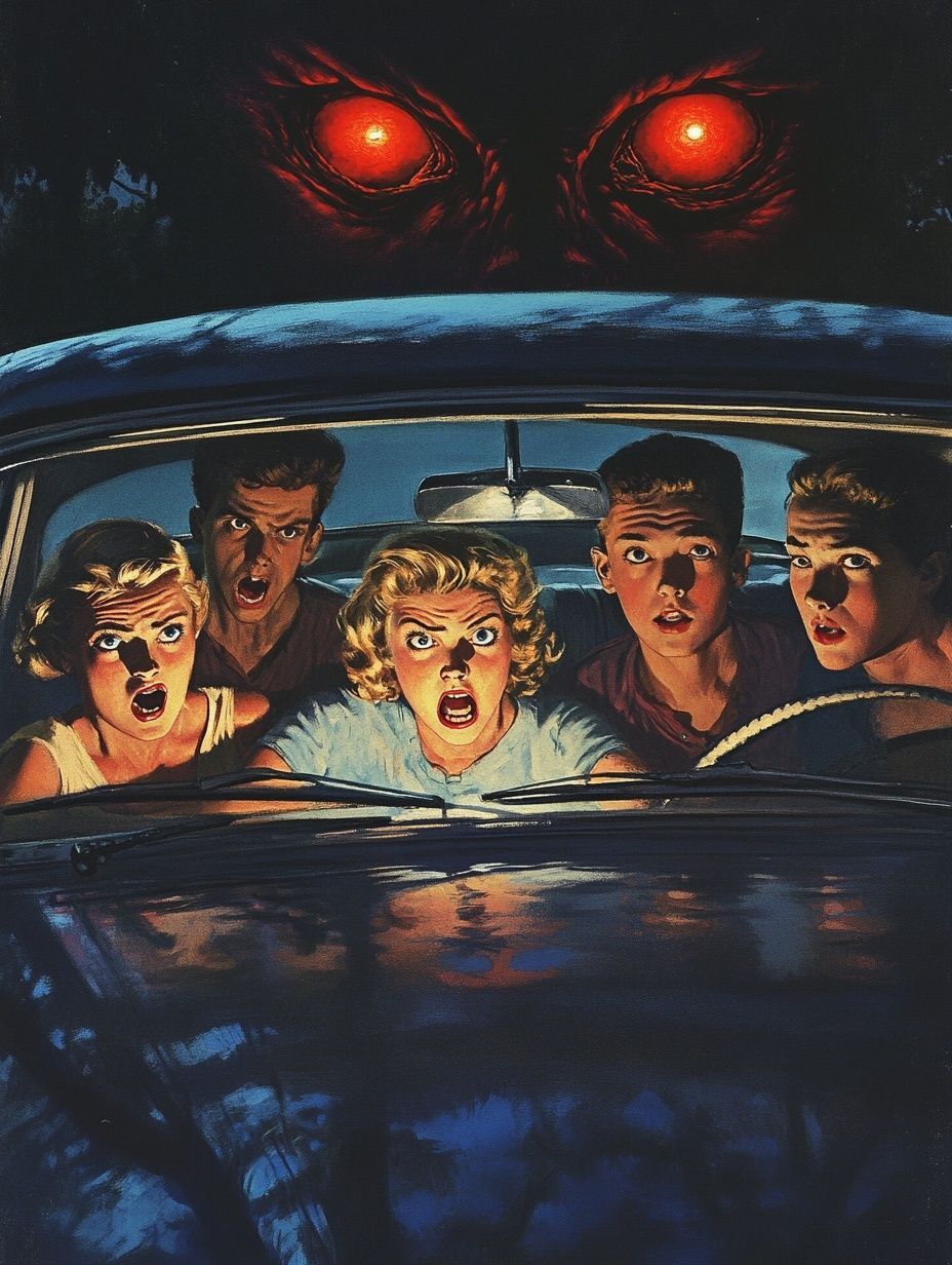 50s scared teenagers in a car, giant monster red eyes behind