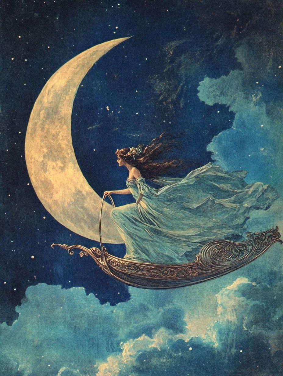greek goddess selene rides through the night in front of a large crescent moon