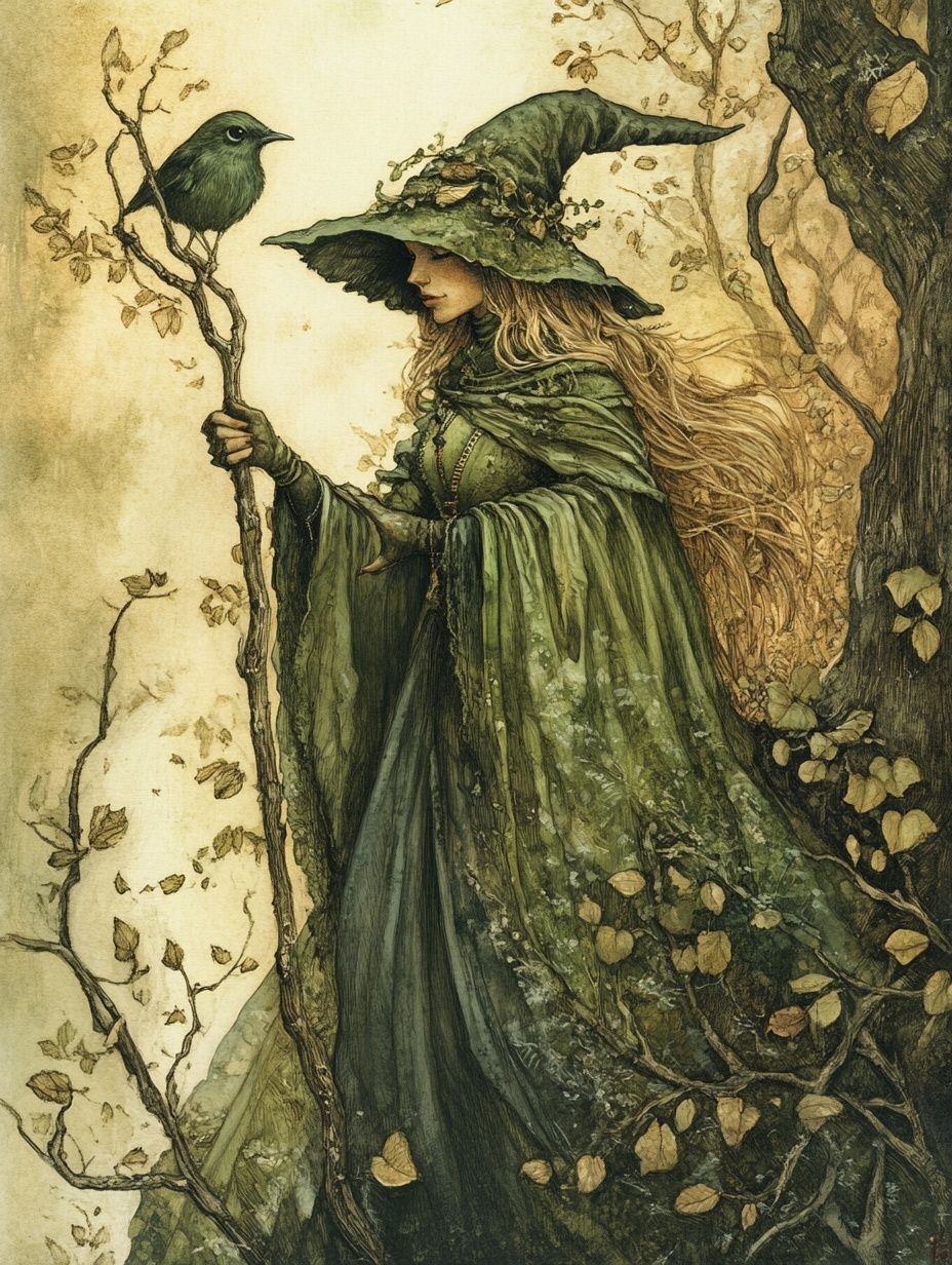 green witch surrounded by nature, holding staff