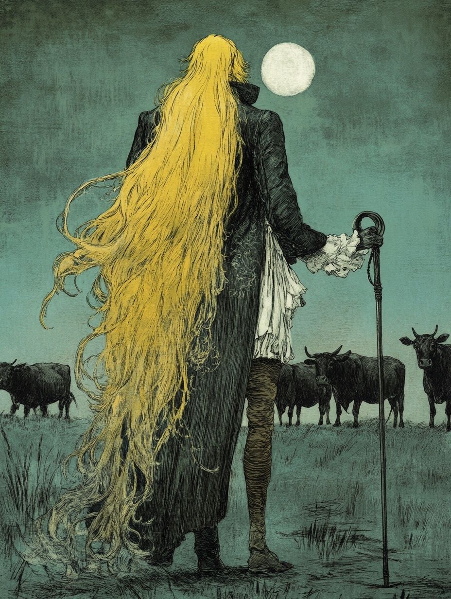 an old Scottish Noble spirit long yellow hair, cattle
