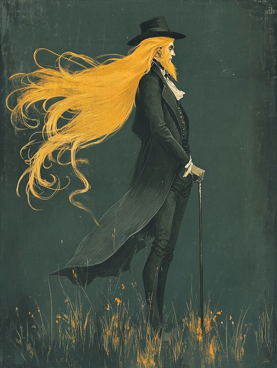 noble man black suit long blonde hair, holding cane