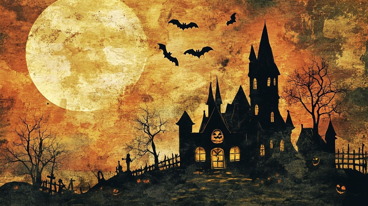 a spooky house silhouette, bats in sky, large orange sky big full moon, halloween aesthetic