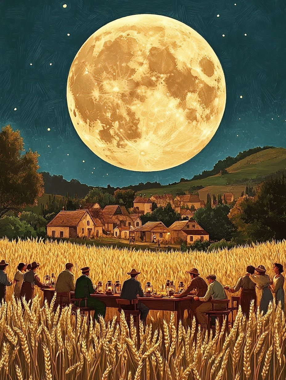 a group of villagers eat at a table in a corn field under a harvest moon, vintage illustration