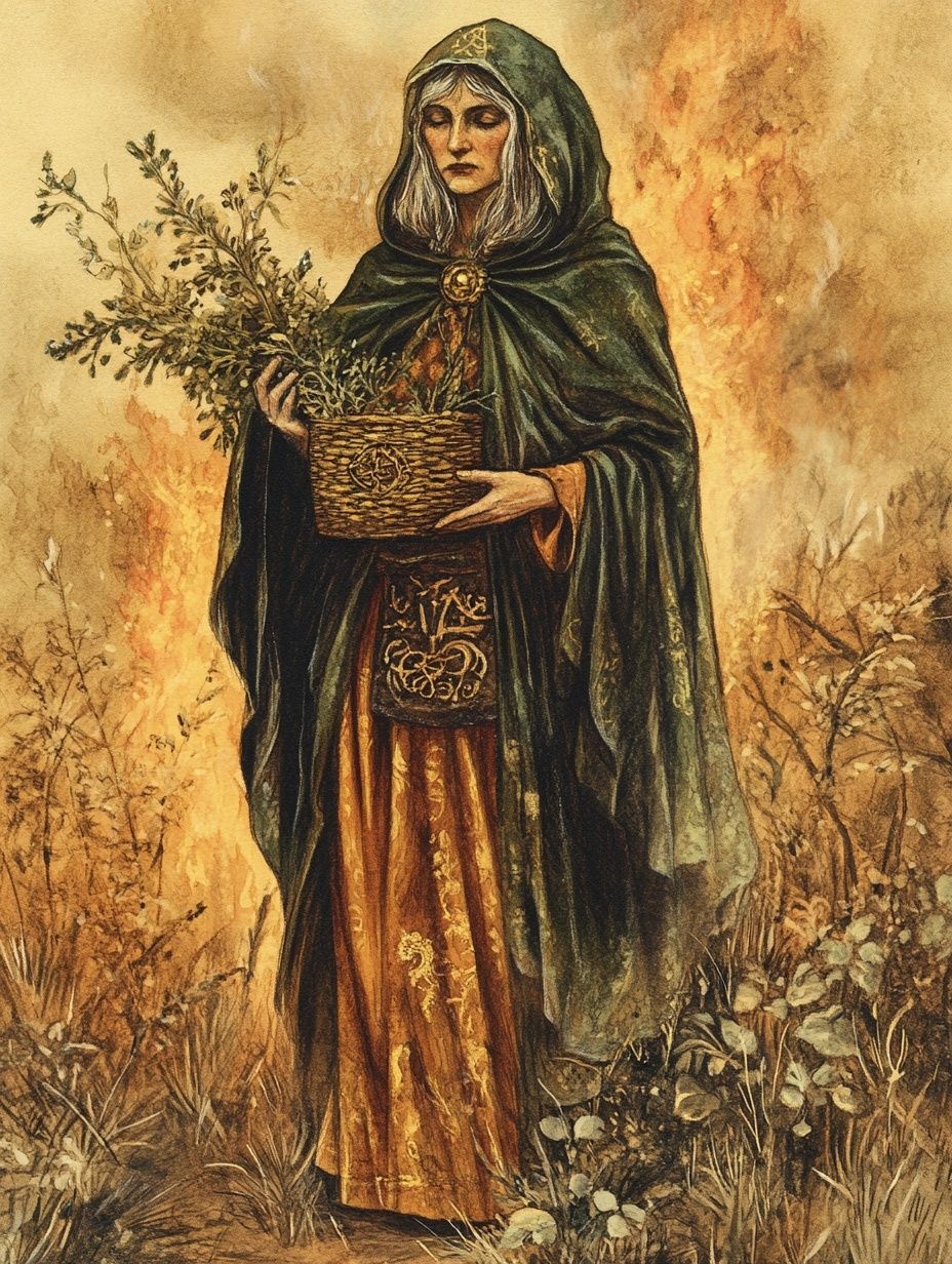 old woman in cloak, holding basket of herbs