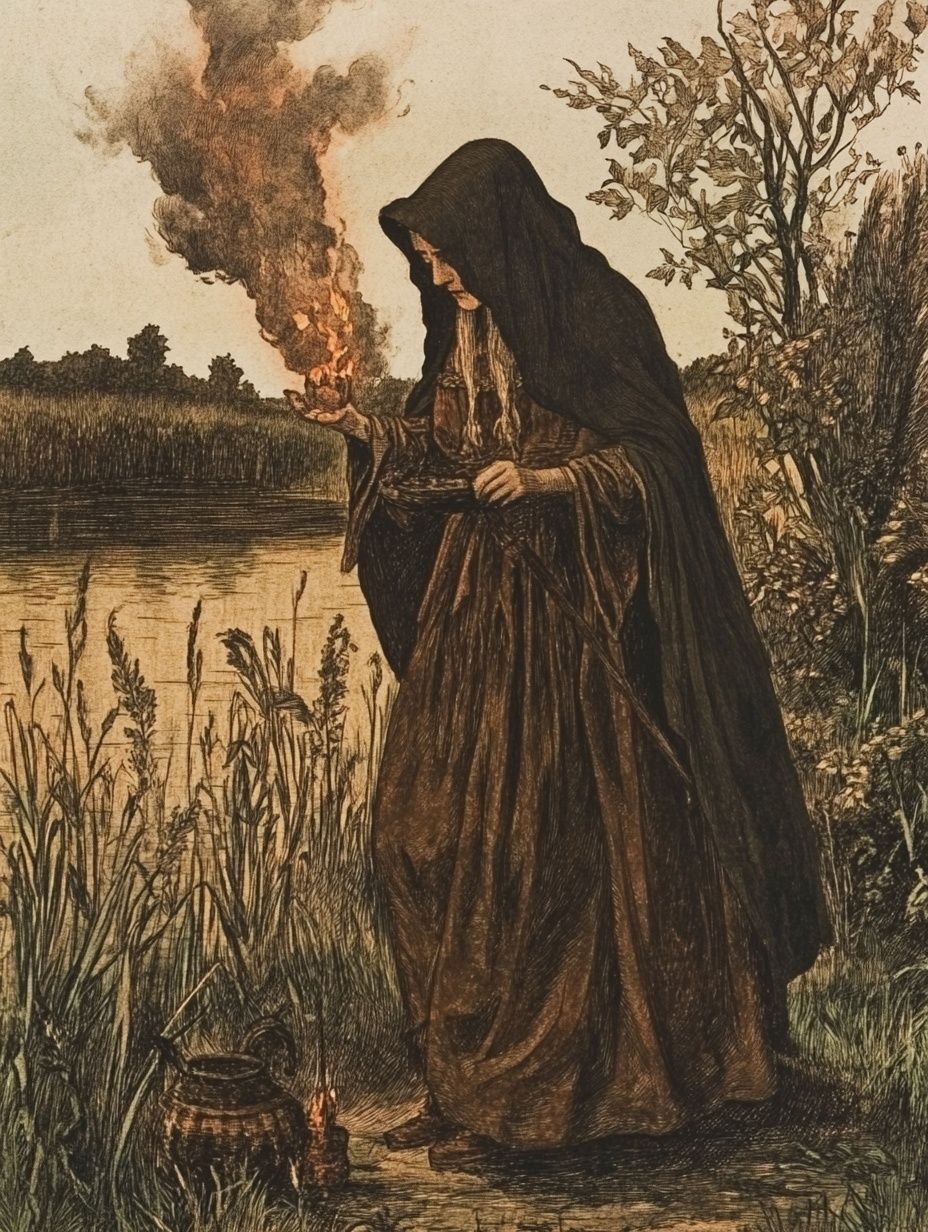 old woman by river, holding fire in her hand